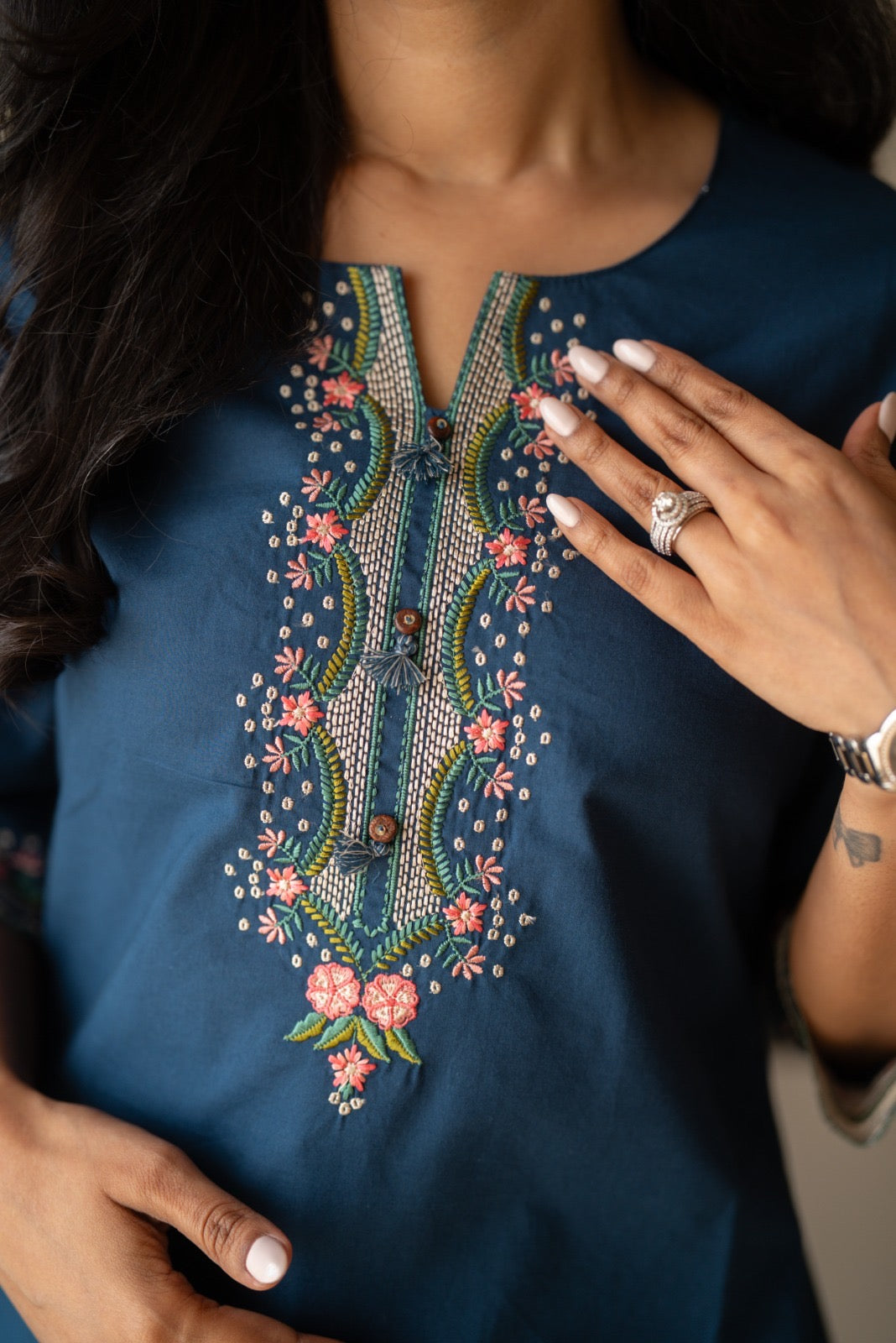 Roma Embroidered Cotton Top- Blue