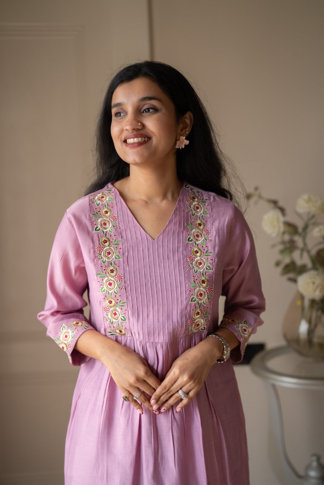 Amber Muslin Embroidered Pant Set- Pastel Pink