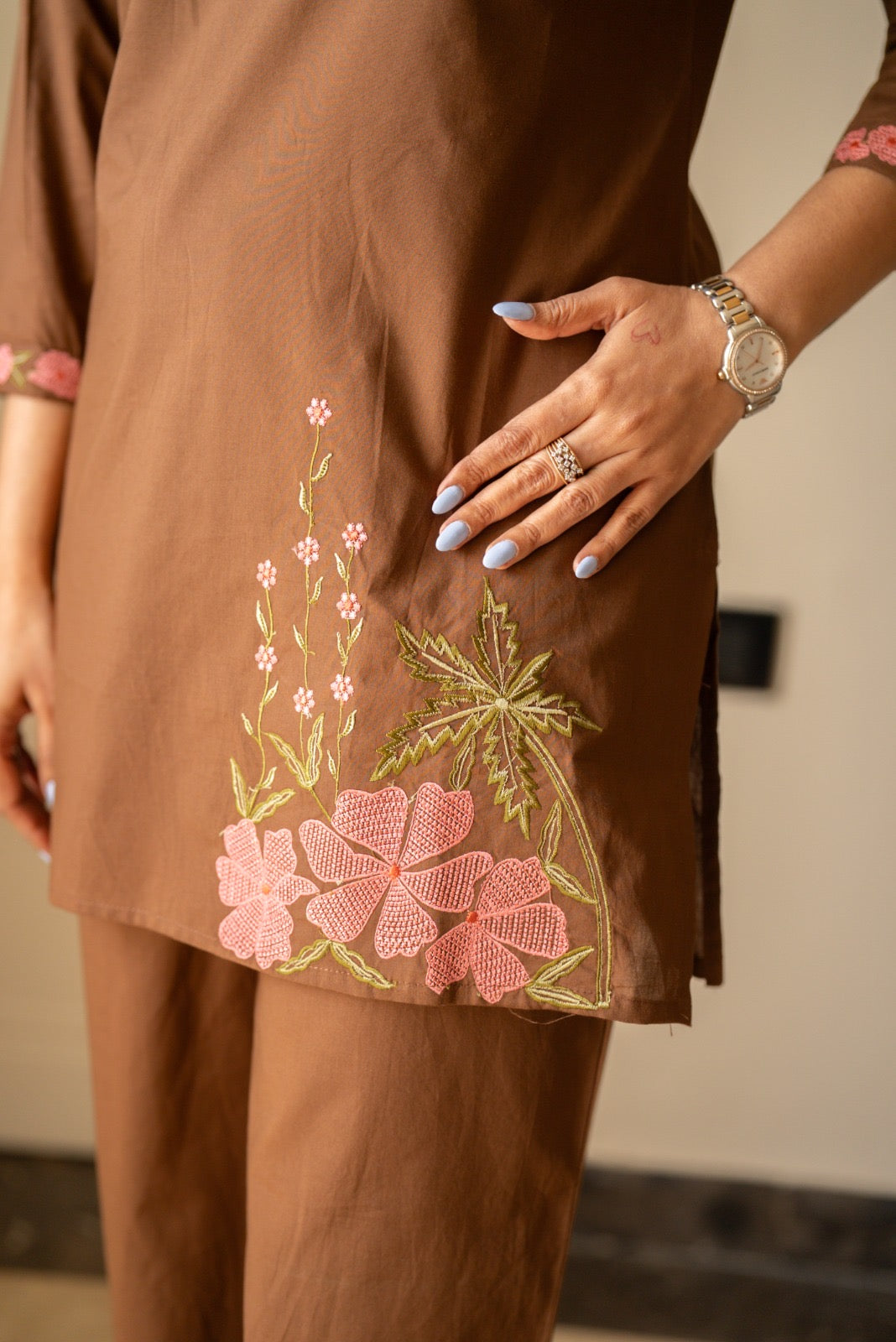 Ginni Embroidered Cotton Coord Set- Brown