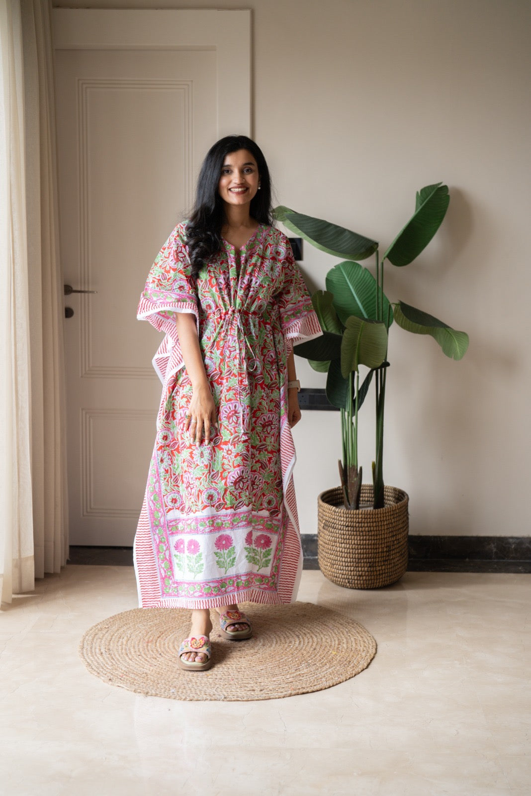 Kashi Block Print Kaftan- Bright Red Jaal