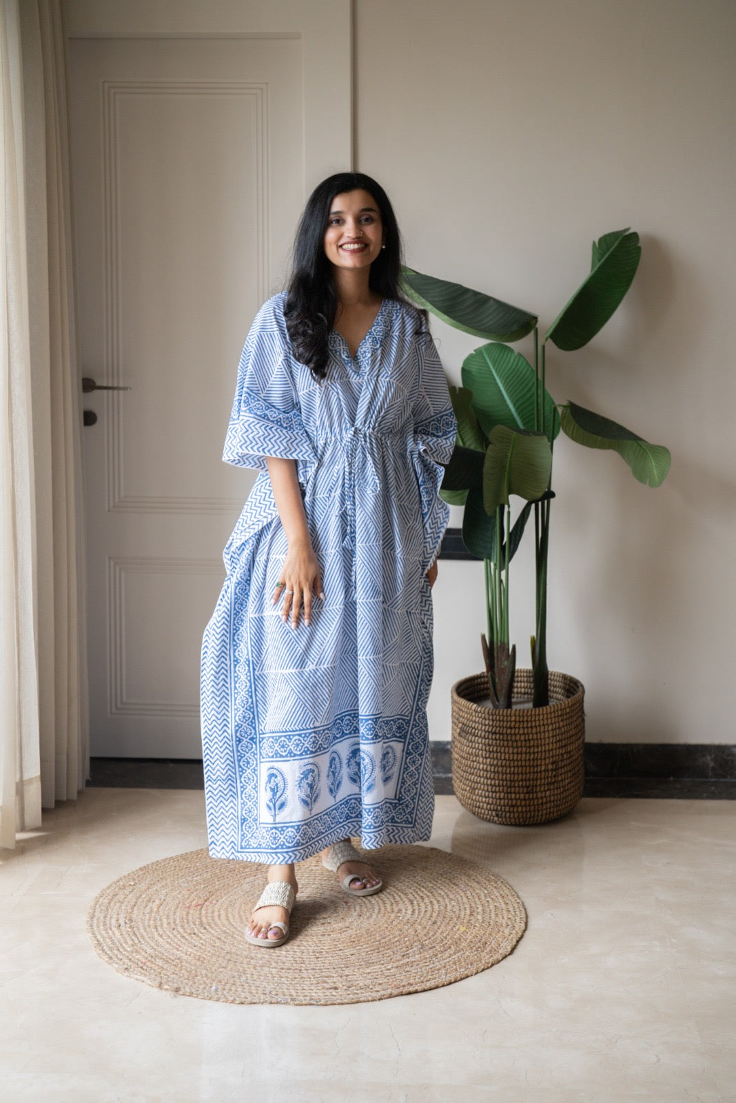 Kashi Block Print Kaftan- Indigo Stripes