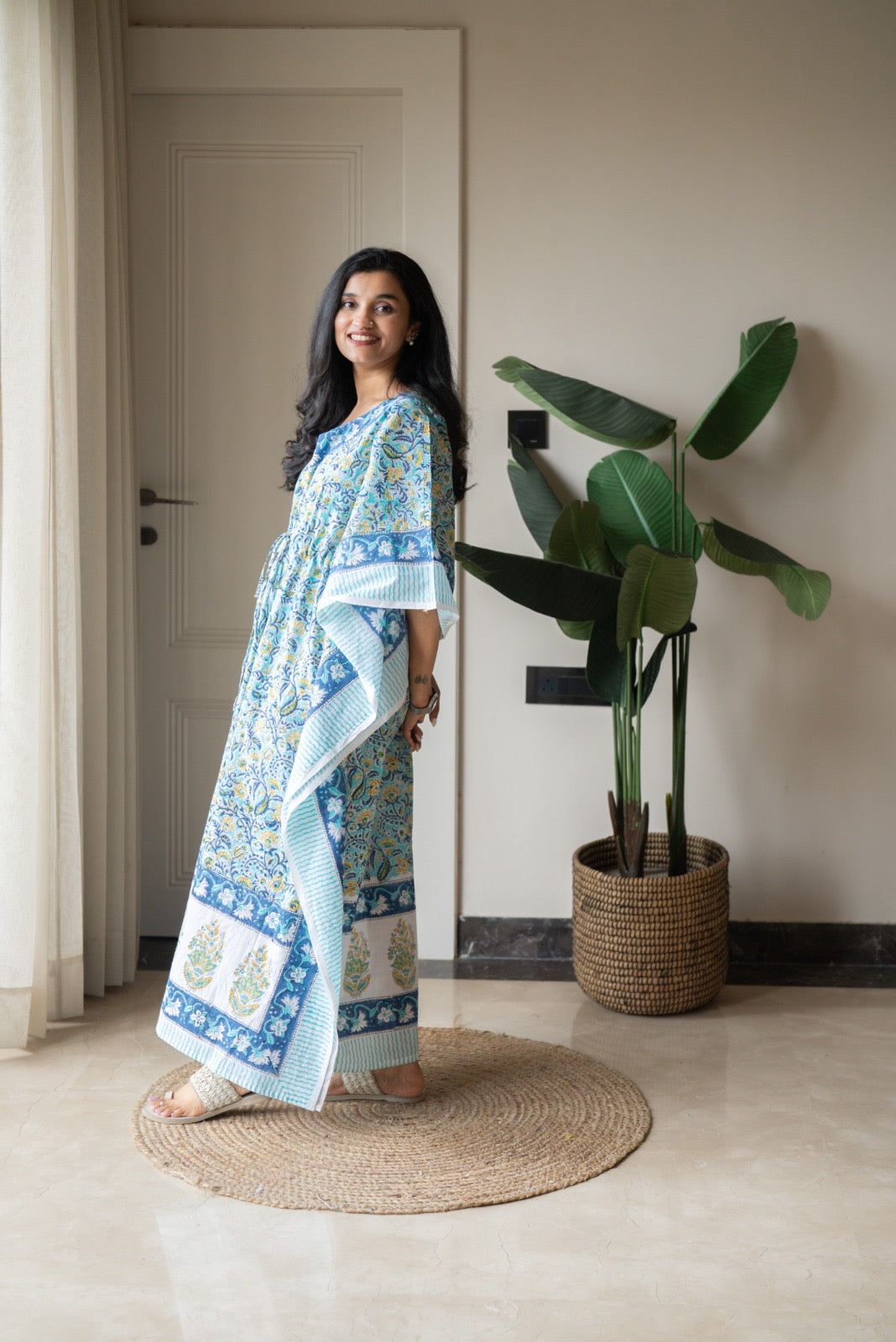 Kashi Block Print Kaftan- Aqua