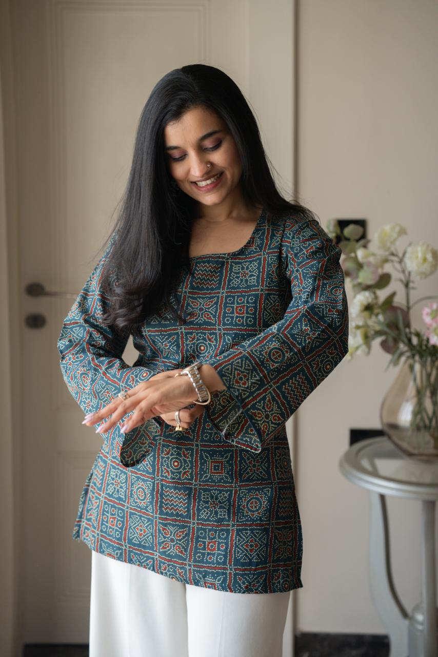 Zia Cotton Short Kurti- Blue Bandhej