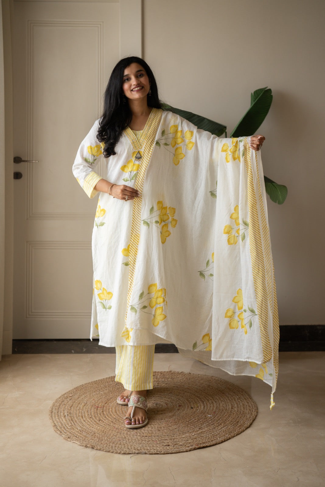 Gusha Cotton Suit- White & Yellow