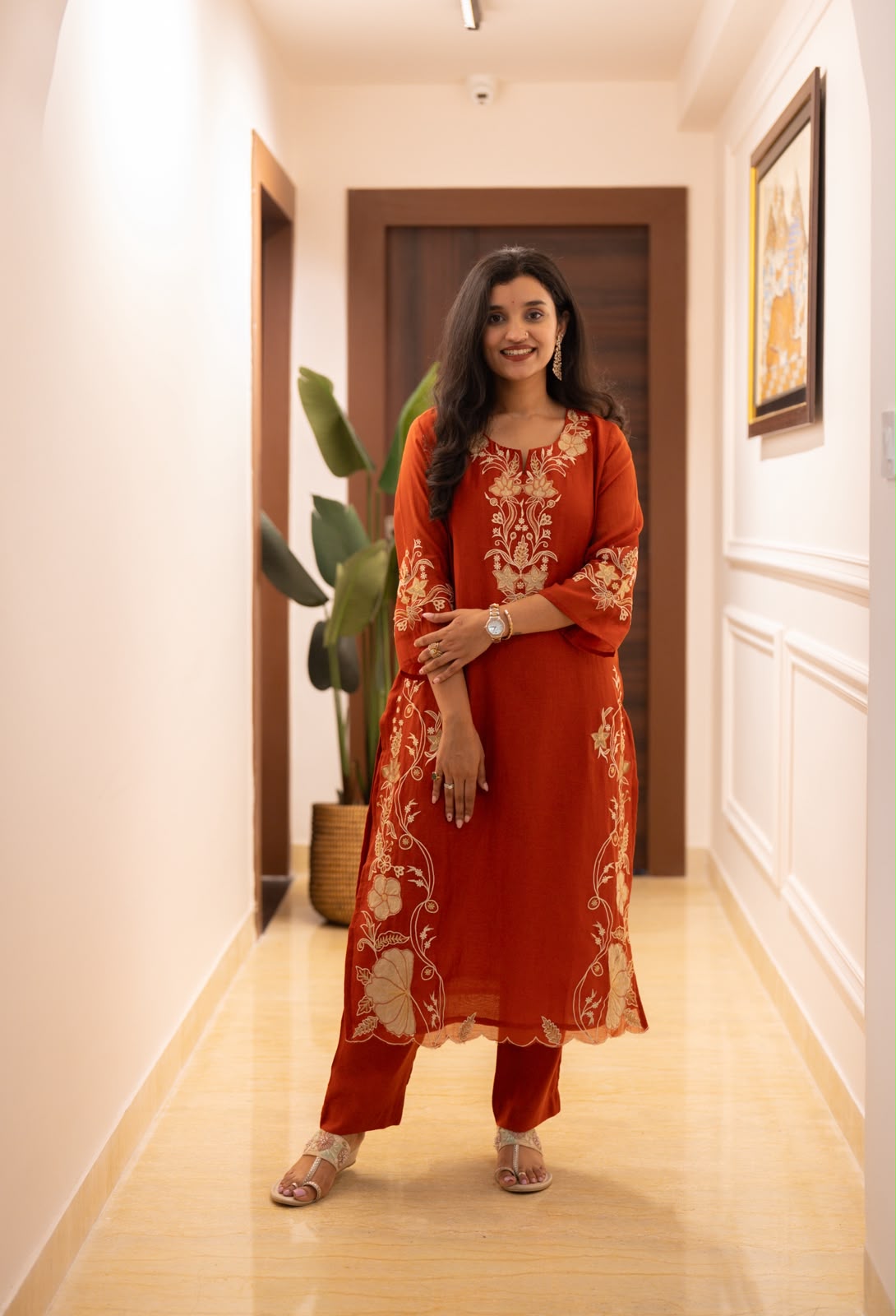 Varaha Mul Chanderi Luxe Suit- Rust