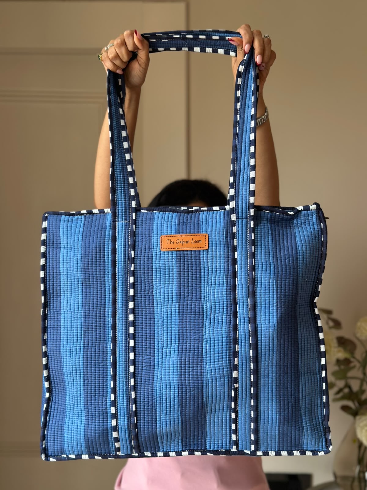 Quilted Tote Bag- Blue Stripes