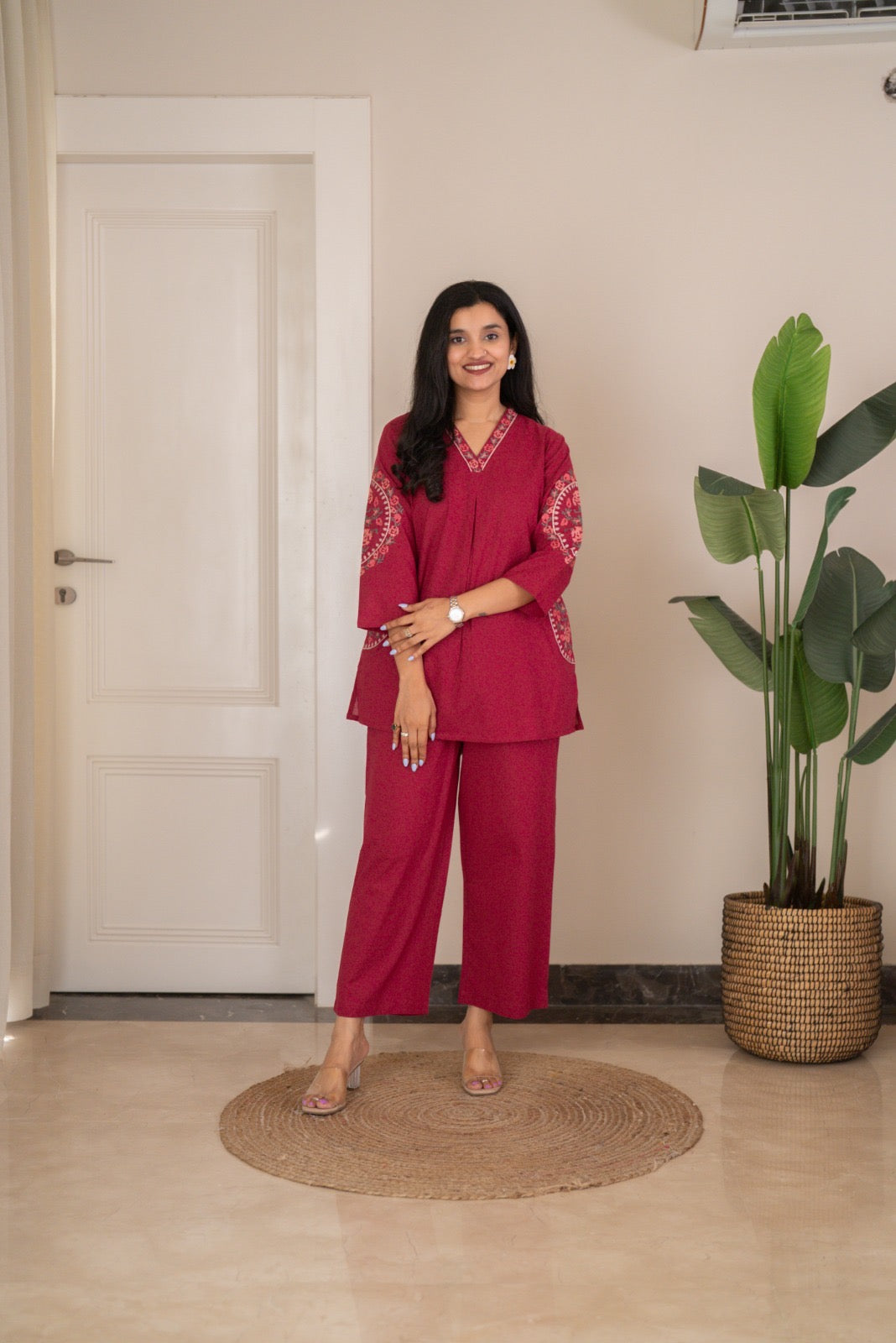 Risha Embroidered Coord Set- Dark Pink