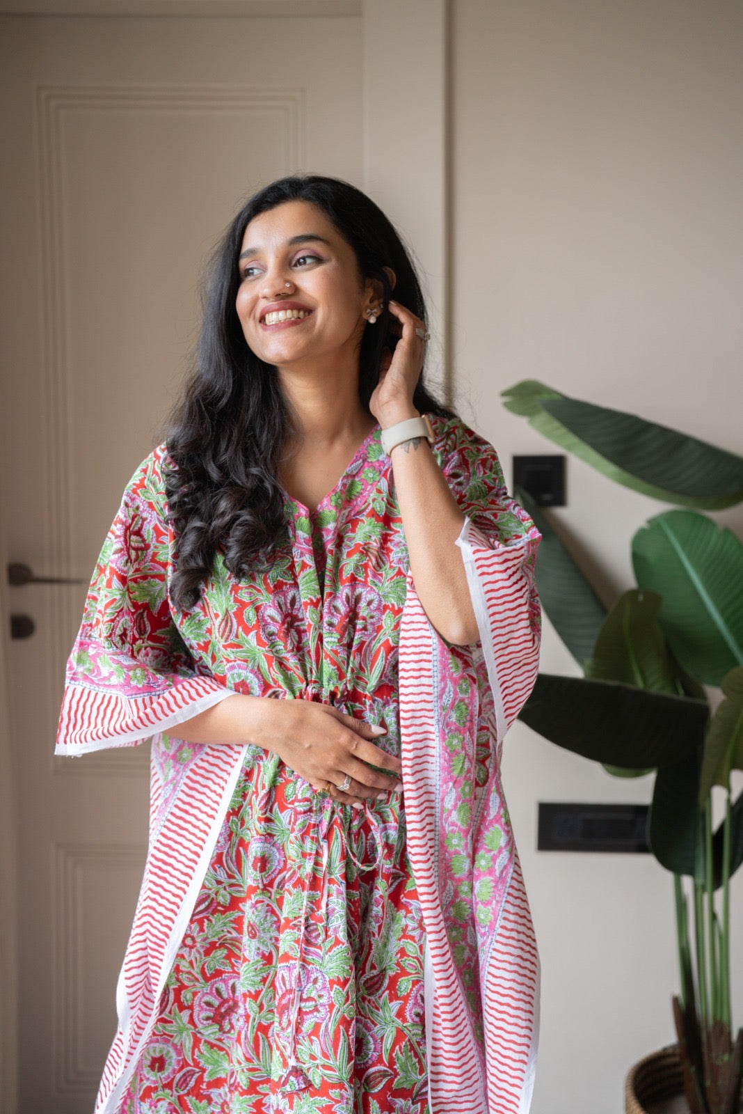 Kashi Block Print Kaftan- Bright Red Jaal