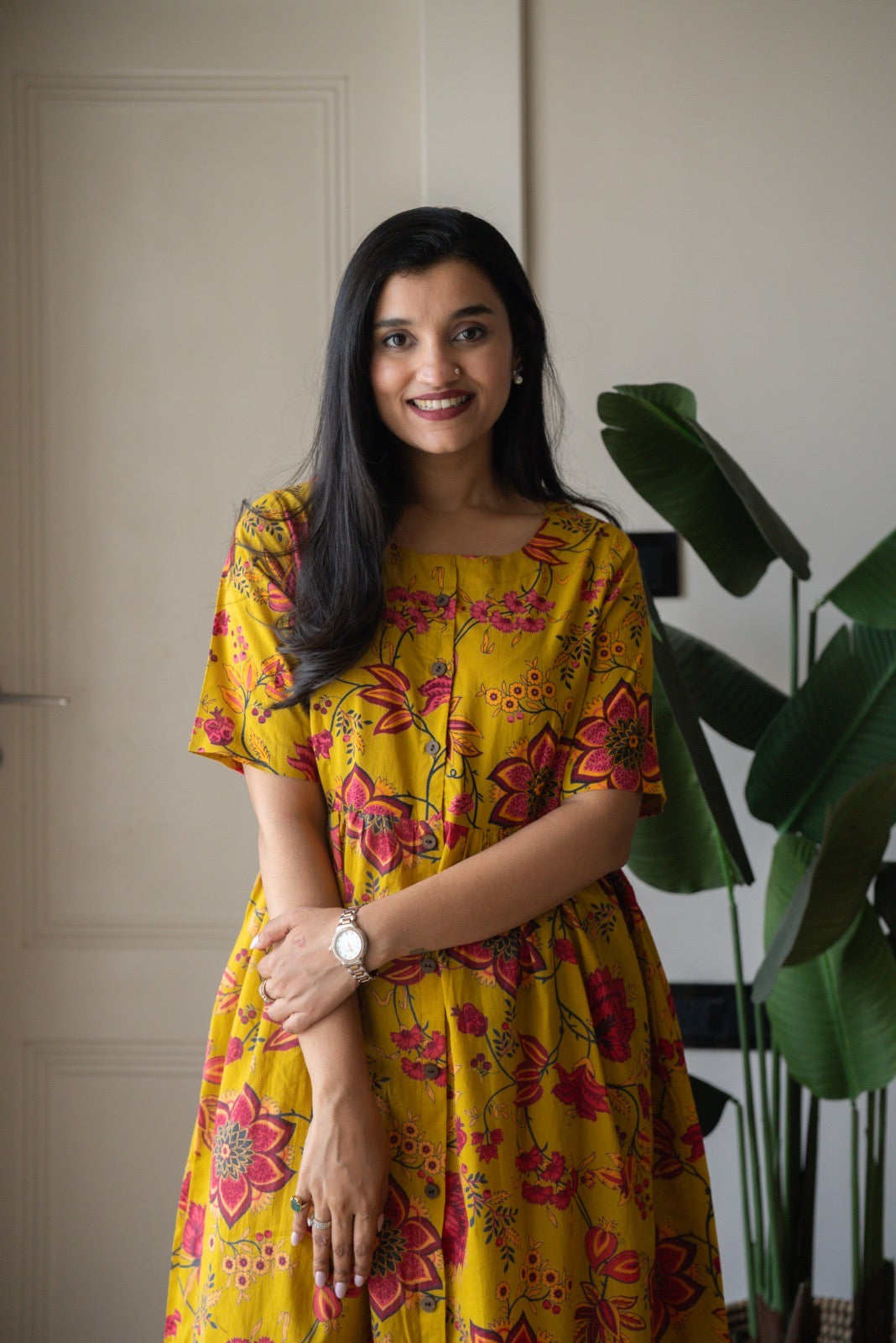 Drishy Maternity Cotton Dress- Mustard Florals