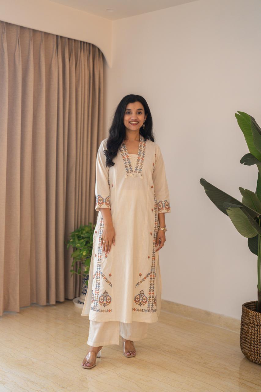 Tamana Embroidered A-line Suit- Off White