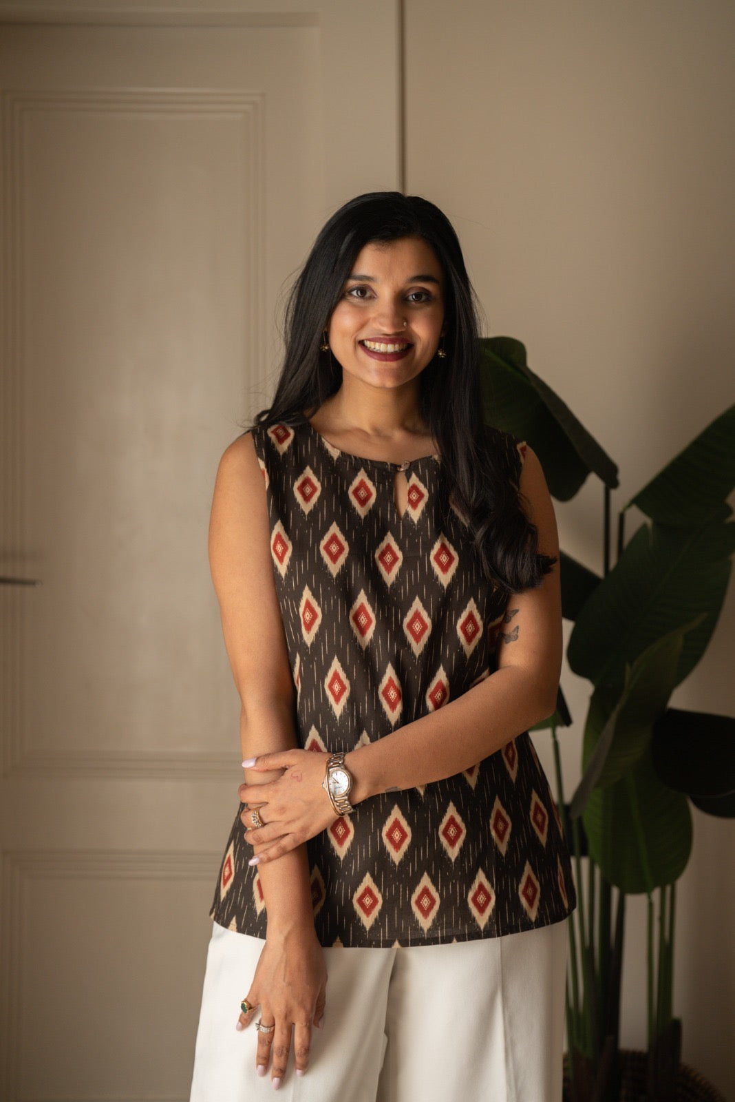 Lily 2.0 Sleeveless Cotton Top- Black Ikkat