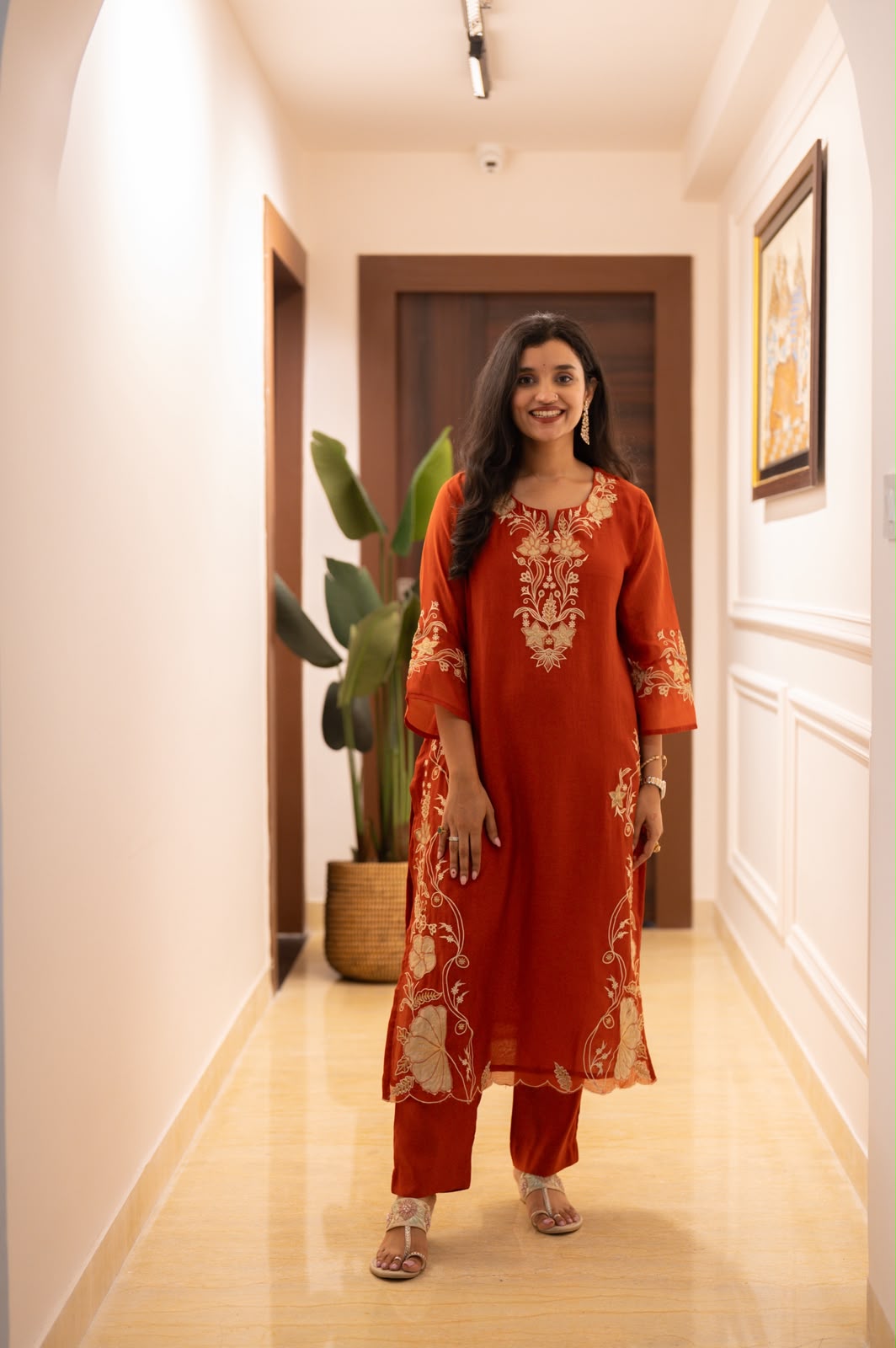 Varaha Mul Chanderi Luxe Suit- Rust