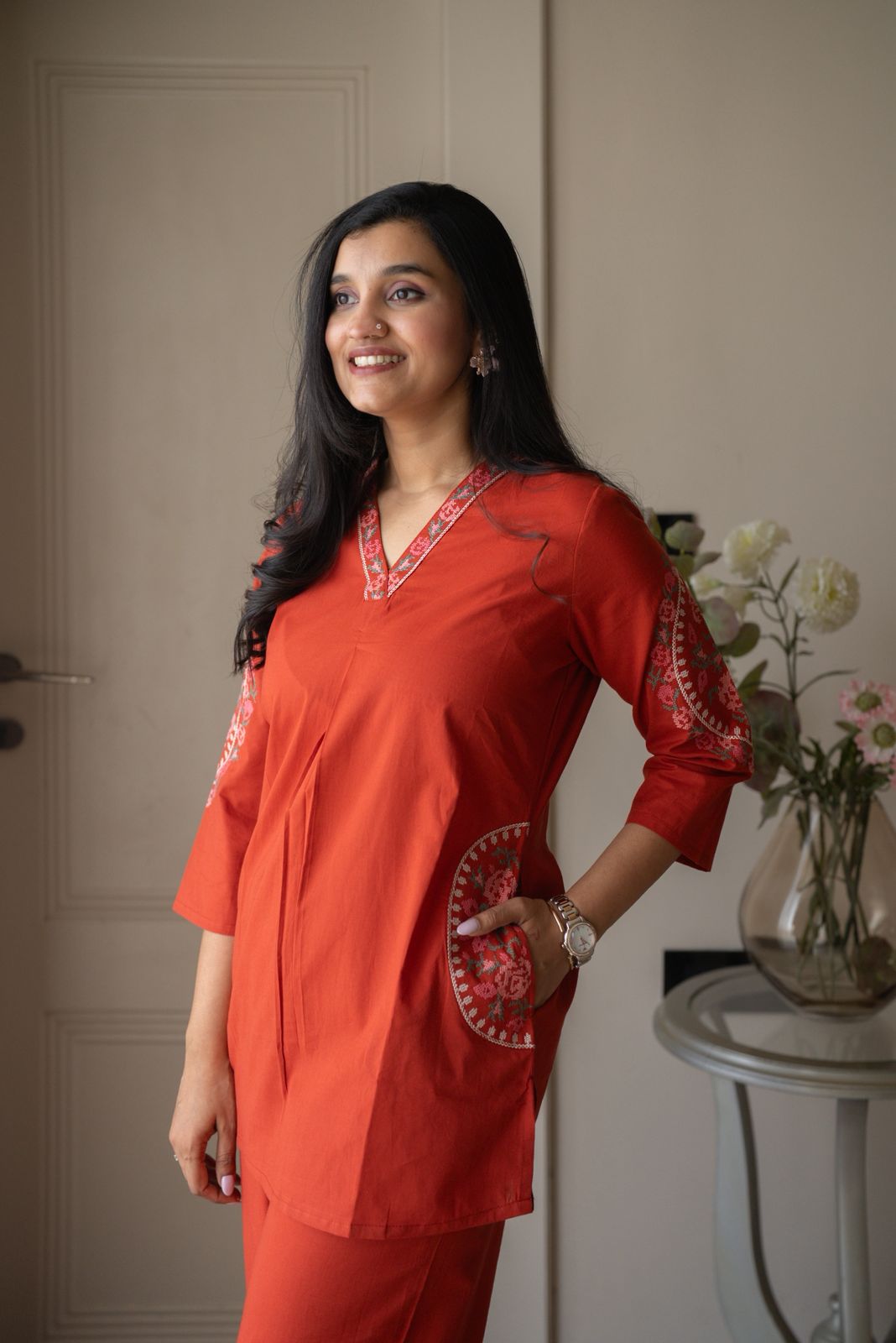 Risha Embroidered Coord Set- Orange