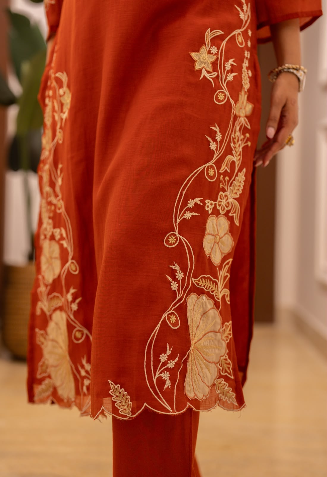 Varaha Mul Chanderi Luxe Suit- Rust