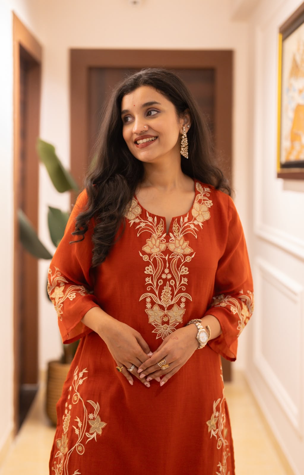 Varaha Mul Chanderi Luxe Suit- Rust