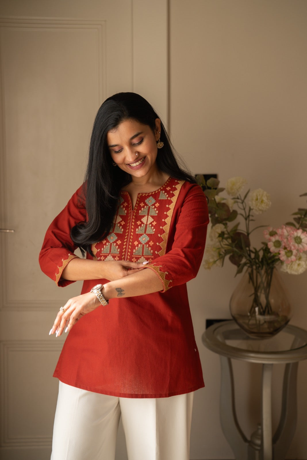 Lizi Embroidered Short Kurti- Rust
