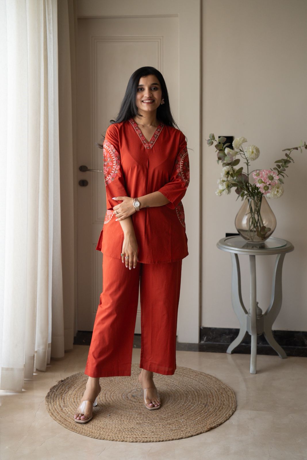 Risha Embroidered Coord Set- Orange