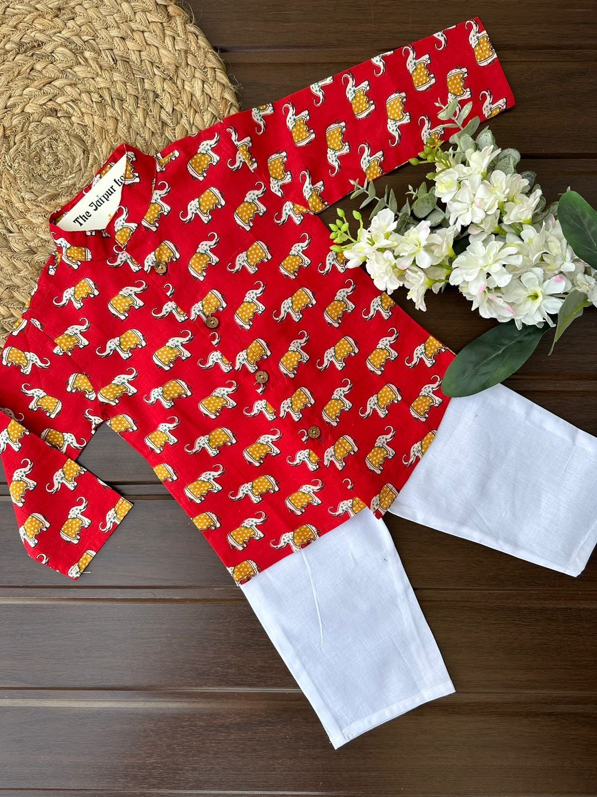 Elephant Story Button Down Kurta Set - Red