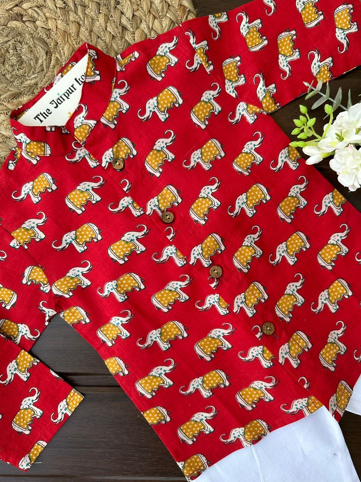 Elephant Story Button Down Kurta Set - Red