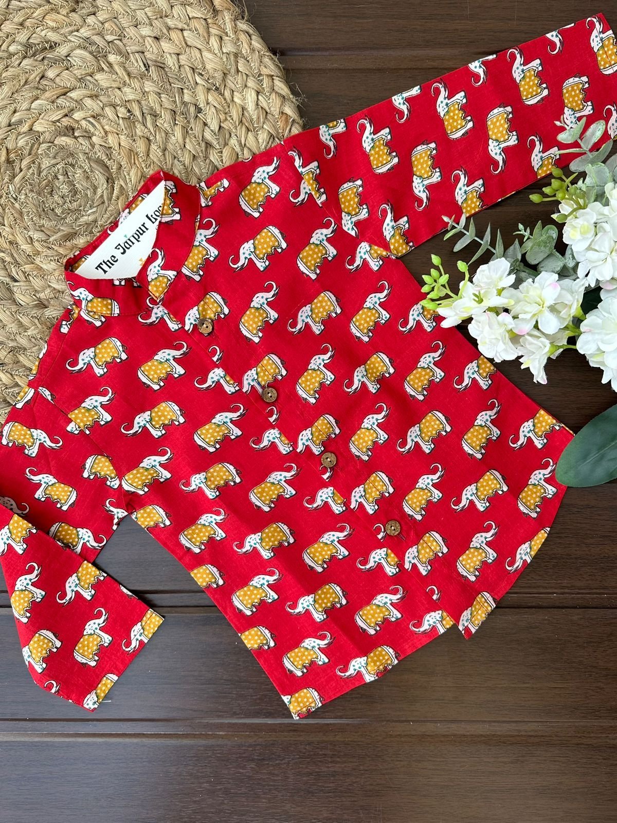 Elephant Story Button Down Kurta Set - Red