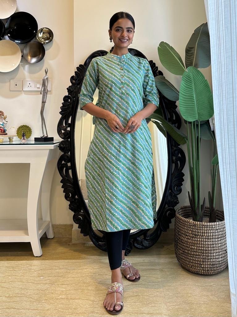 Weekend Cotton Kurta- Blue Green Bandhej