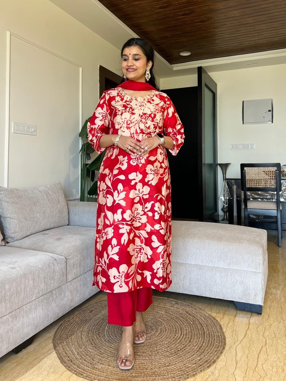 Basera Red Floral Muslin Suit
