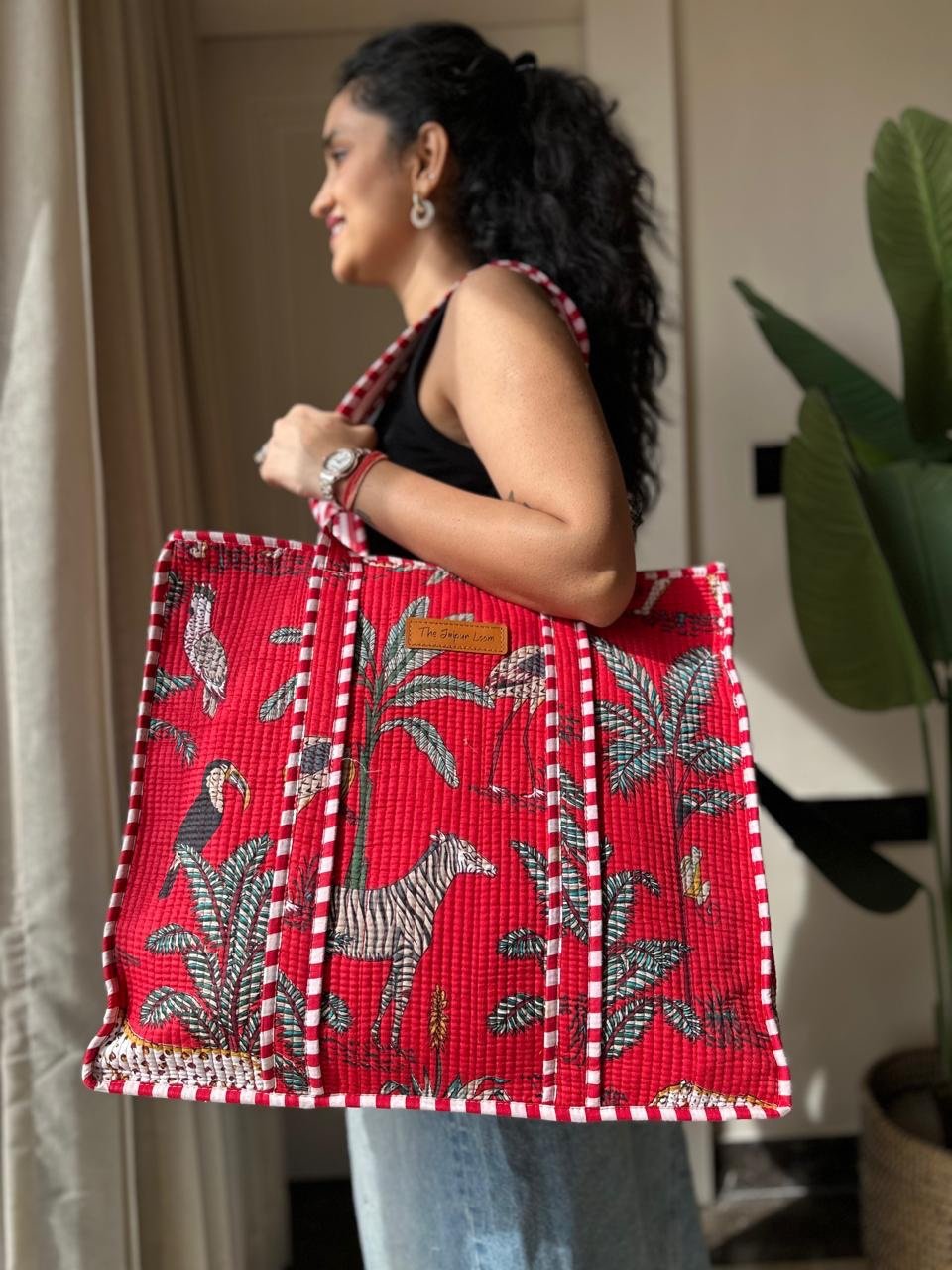 Quilted Tote Bag- Red Jungle