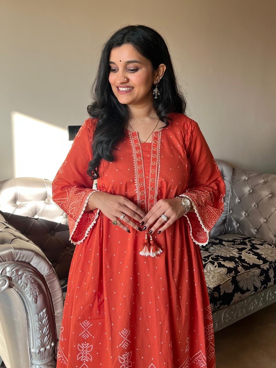 Ramaya Bandhej Flared Set- Orange