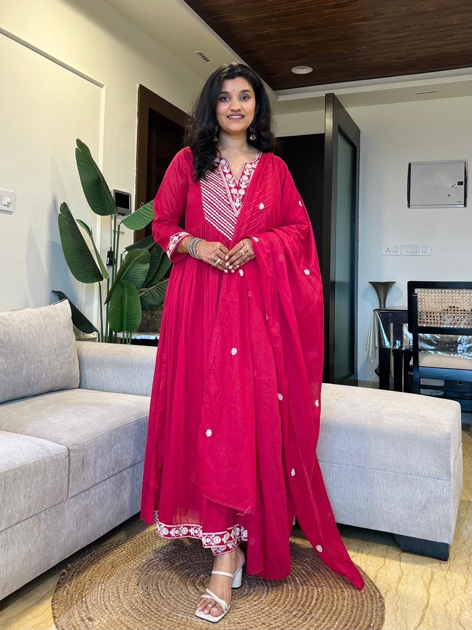 Shayla Embroidered Mulmul Anarkali Set- Dark Pink