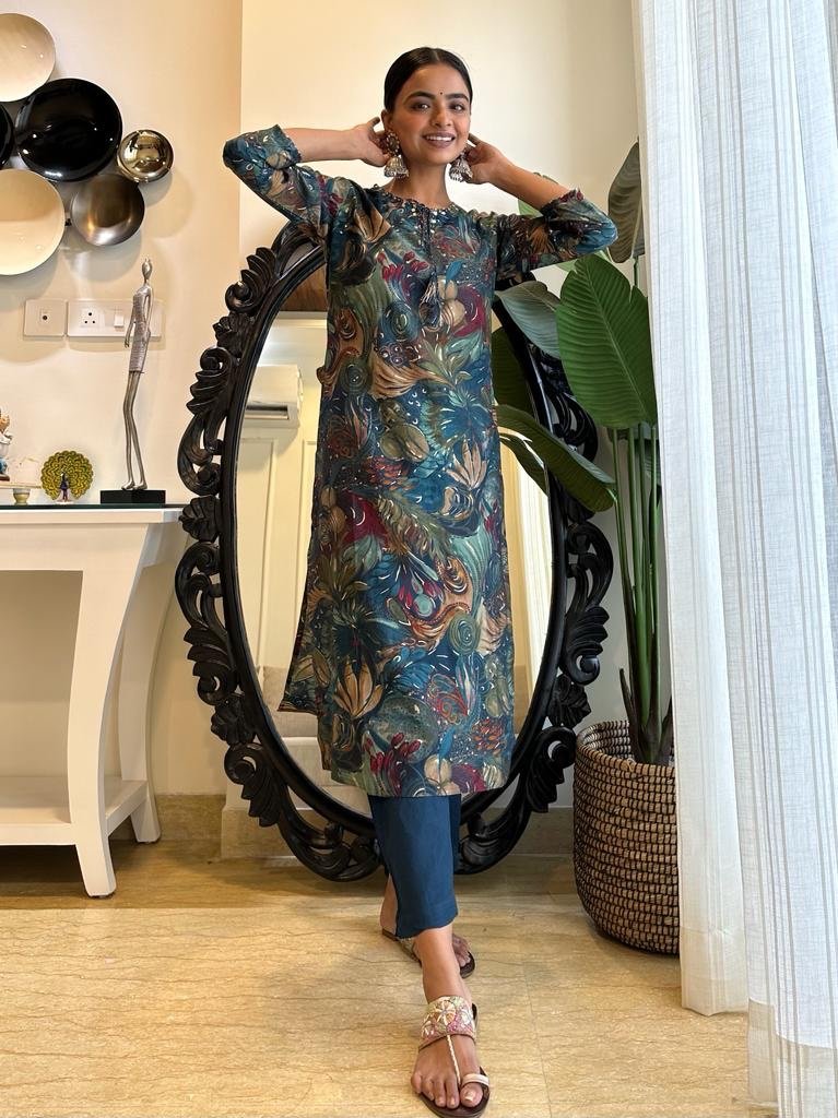 Blue Floral Muslin Straight Set