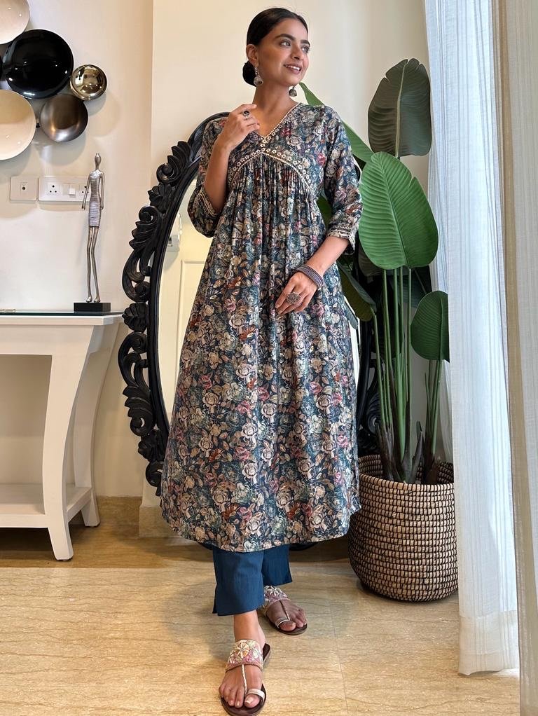 Navy Floral Muslin Alia Set