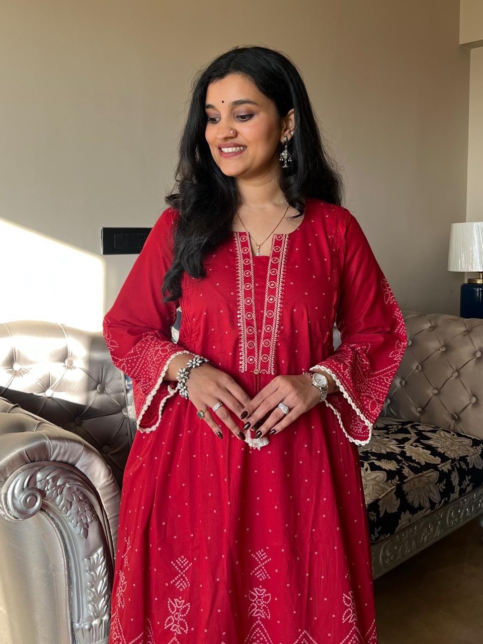 Ramaya Bandhej Flared Set- Red