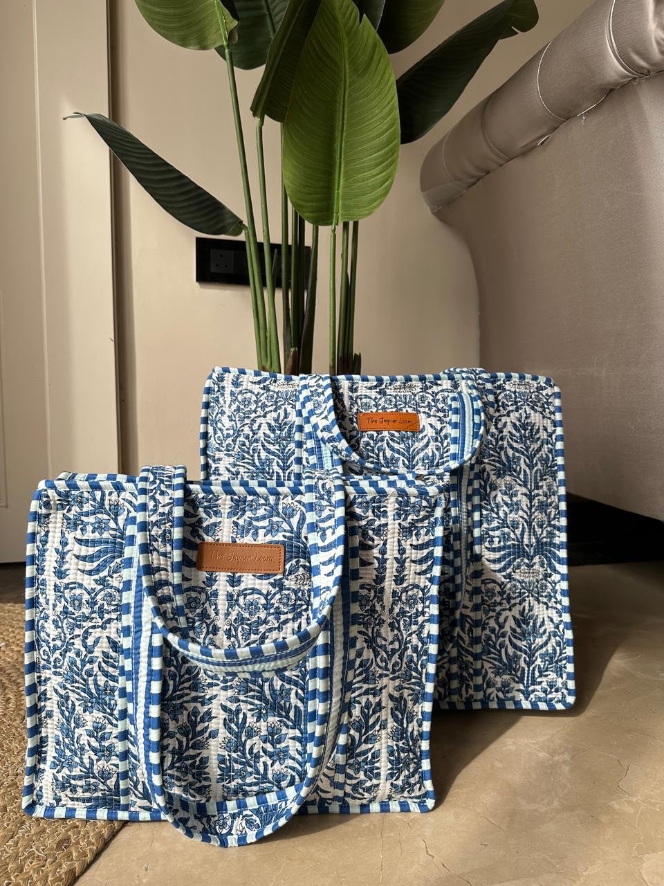 Quilted Tote Bag- Indigo Jaal
