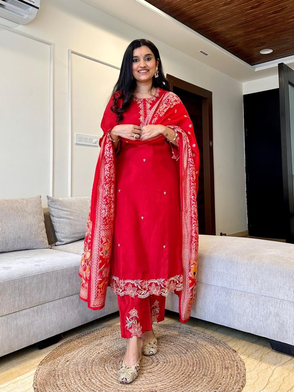 Simran Cutwork Chanderi Set- Red
