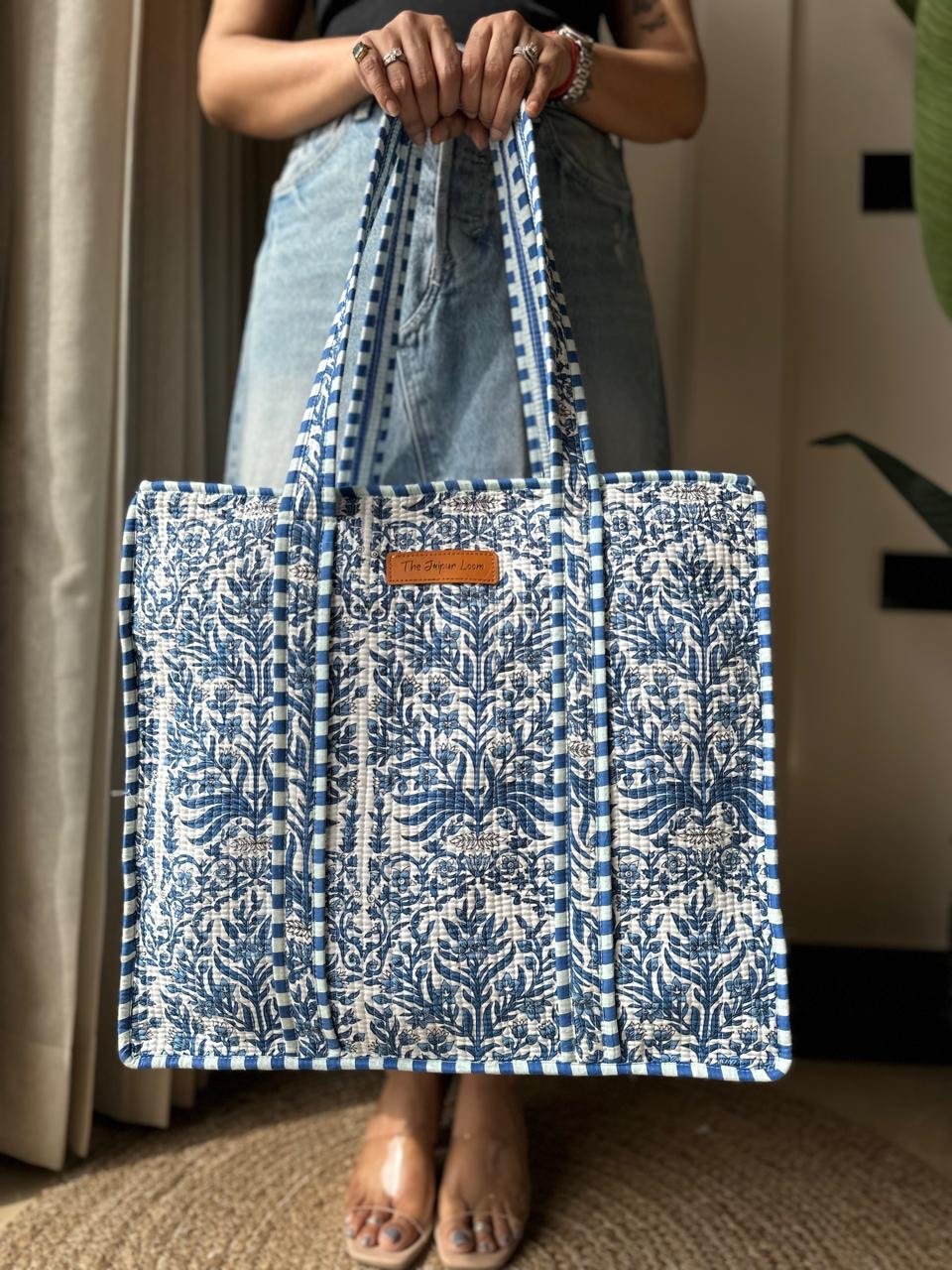 Quilted Tote Bag- Indigo Jaal