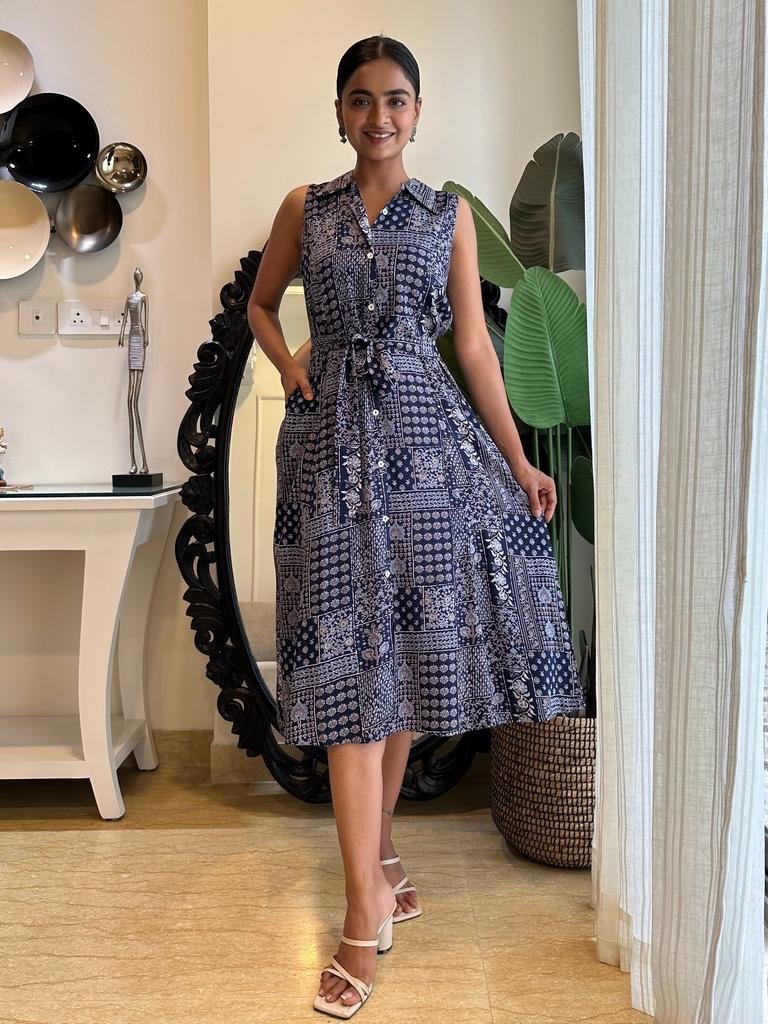 Navy Mix Dress With Pocket