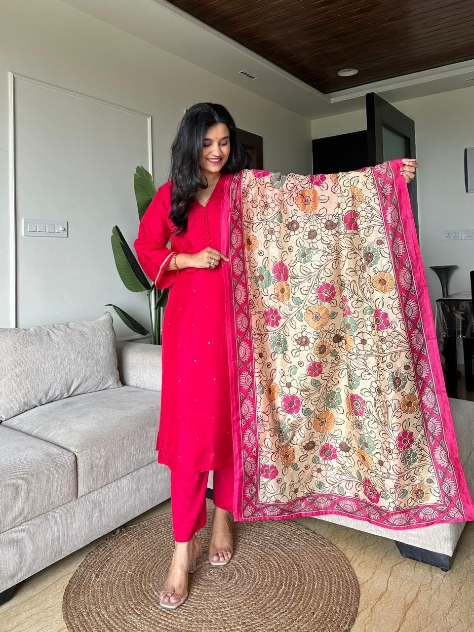 Ruhaana Mul Chanderi Luxe Set- Hot Pink