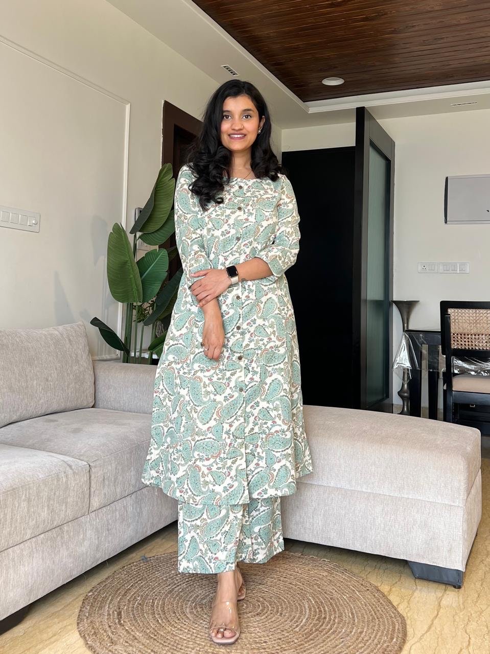 Sheena A-line Cotton Set- Green Paisley