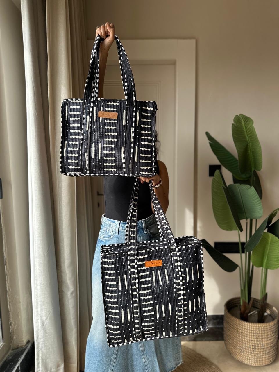Quilted Tote Bag- Black Lines