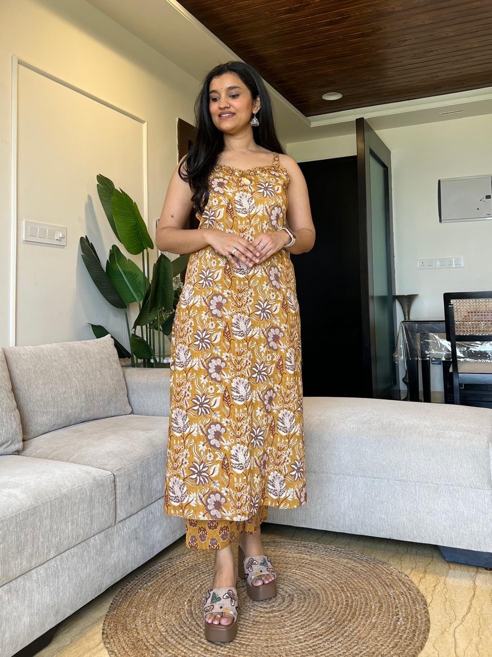 Sharna Block Print Cotton Suit- Mustard
