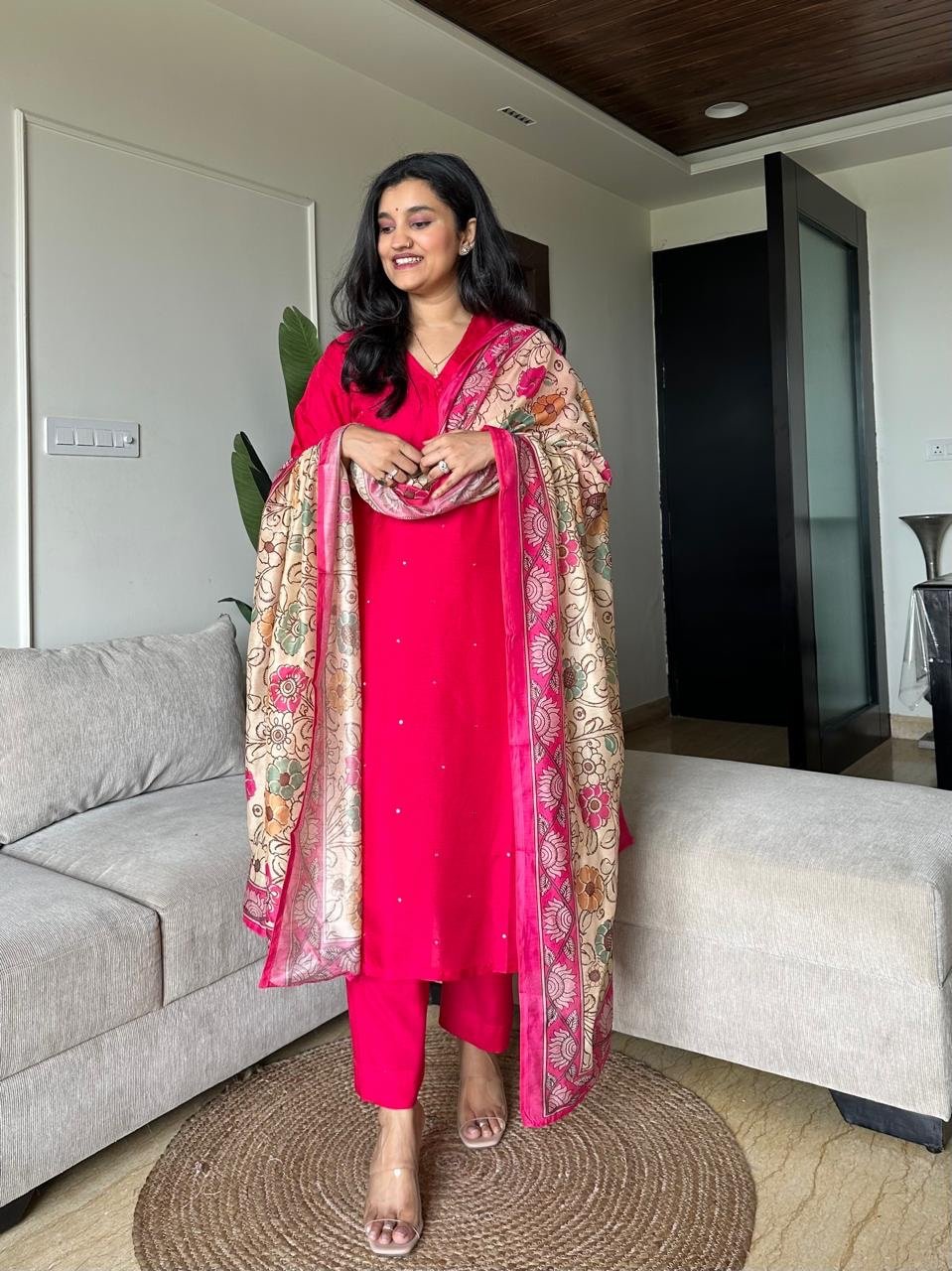 Ruhaana Mul Chanderi Luxe Set- Hot Pink