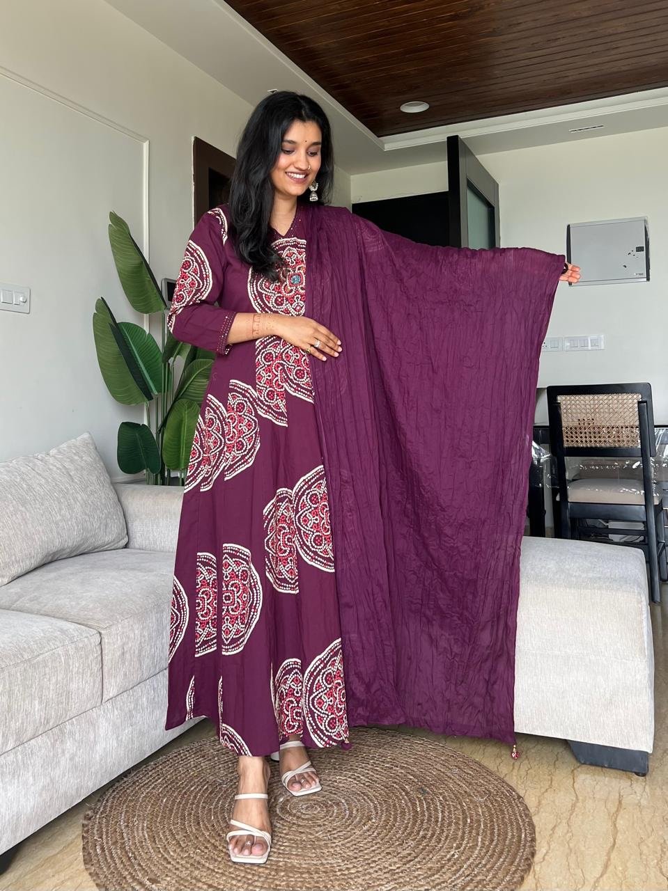 Raga Crushed Dupatta Anarkali Set- Wine