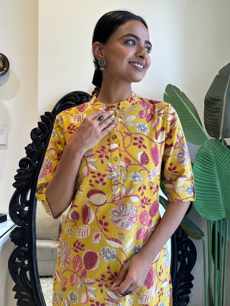 Weekend Cotton Kurta- Yellow Big Floral Bel