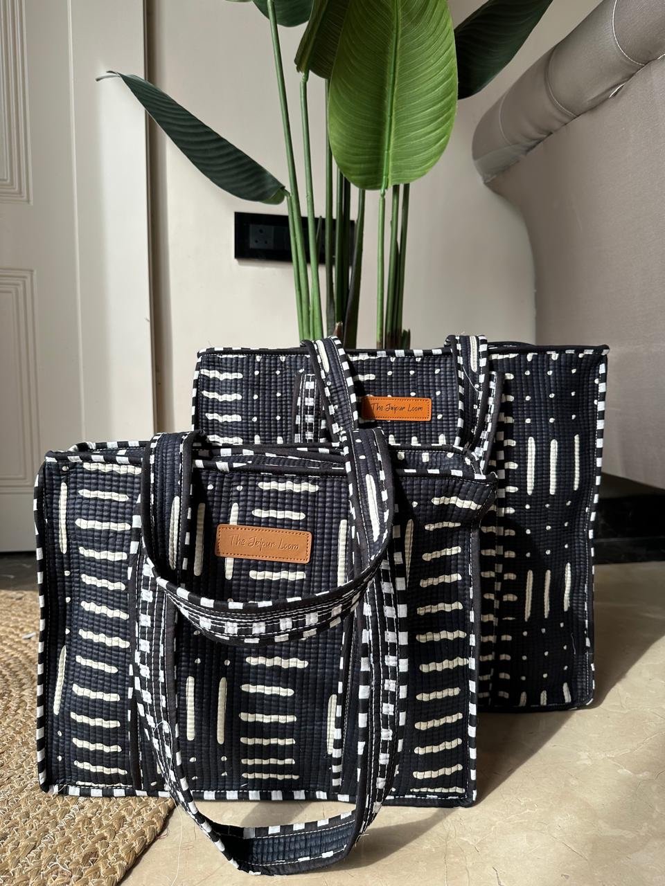 Quilted Tote Bag- Black Lines