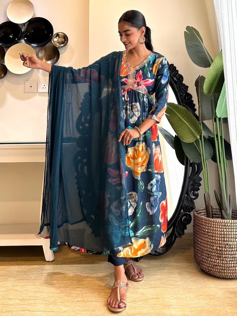 Blue Big Floral Alia Muslin Set
