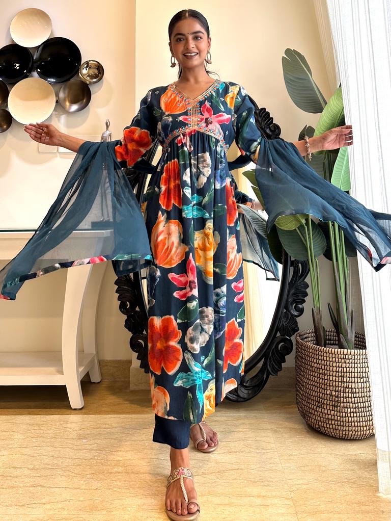 Blue Big Floral Alia Muslin Set