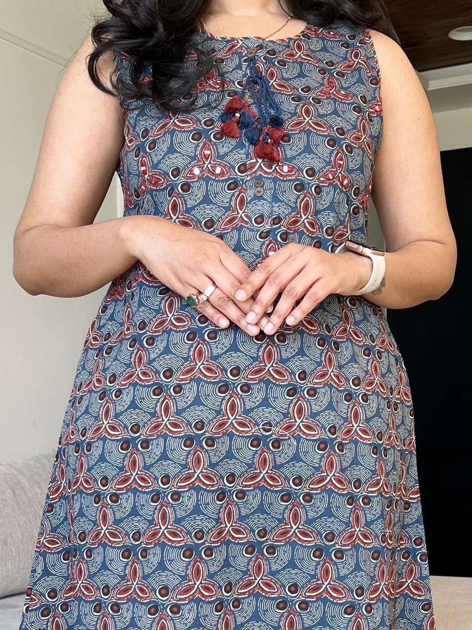 Noora Sleeveless Ajrakh Cotton Set- Blue
