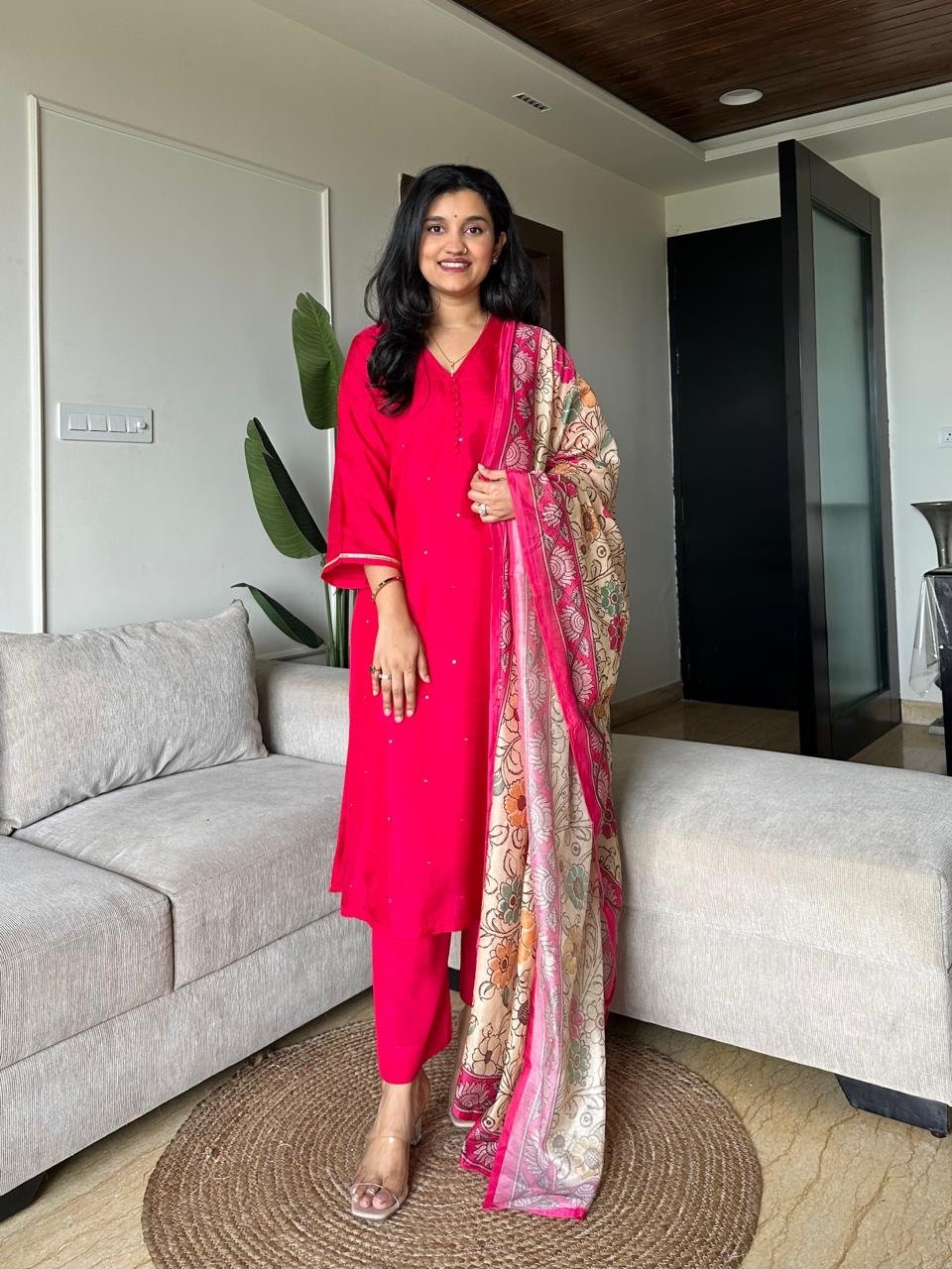 Ruhaana Mul Chanderi Luxe Set- Hot Pink