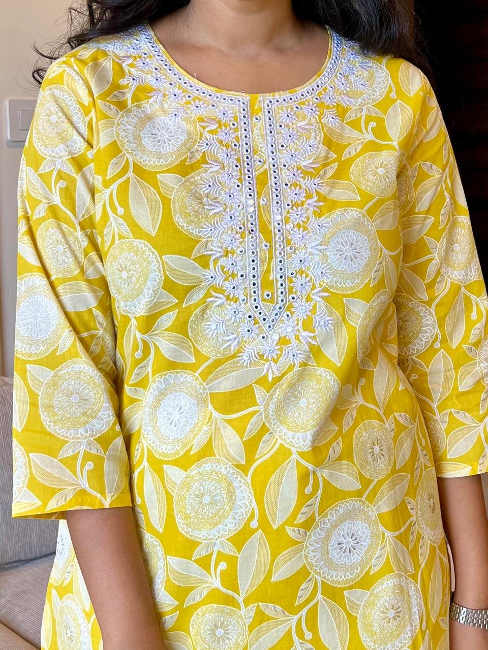 Mahima Threadwork Cotton Kurtas - Yellow