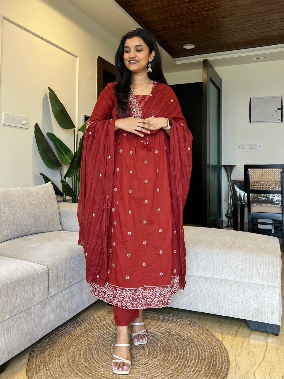 Samara Threadwork Cotton Set- Maroon